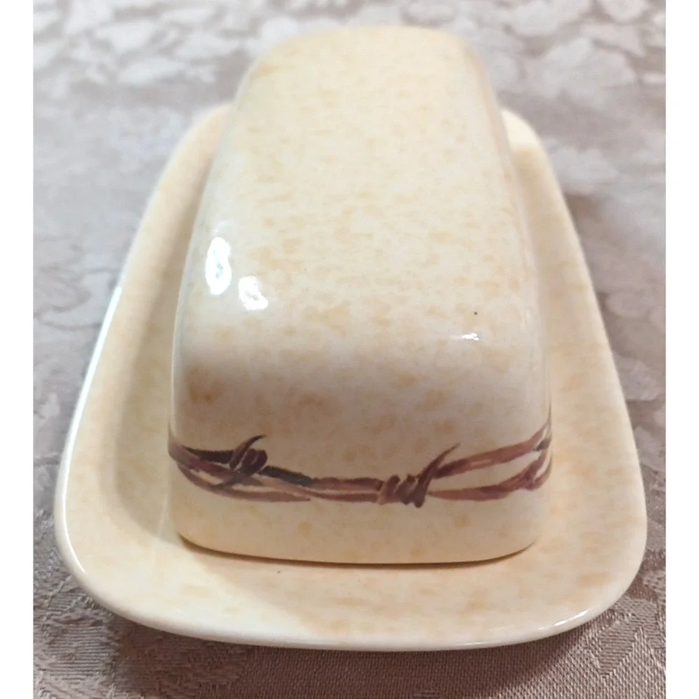 Cowboy Living Barbwire Covered Butter Dish w Lid Eve Armson 8x4 Western *READ
